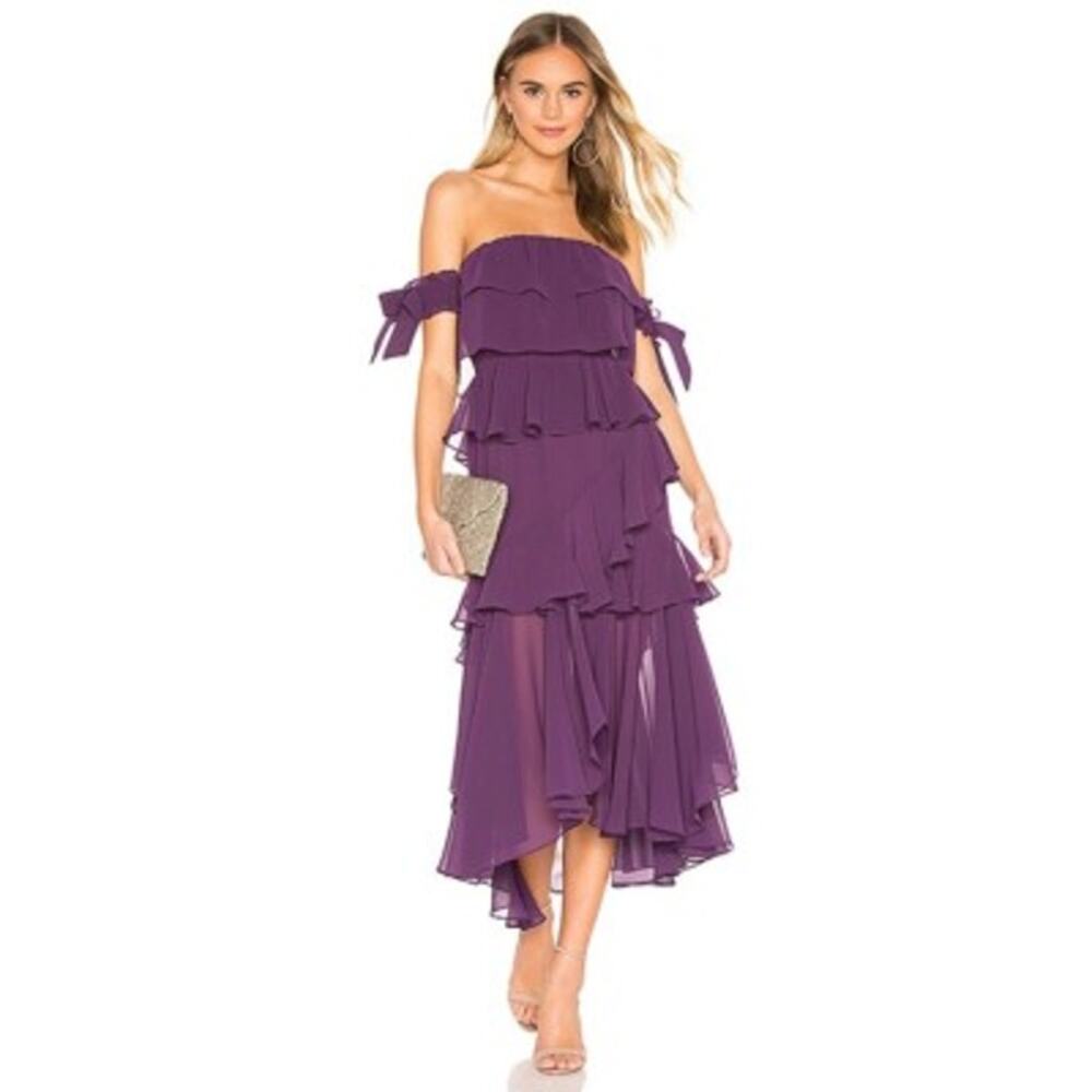 MISA Los Angeles Isidora Dress Purple Ruffle Off Shoulder S NWT